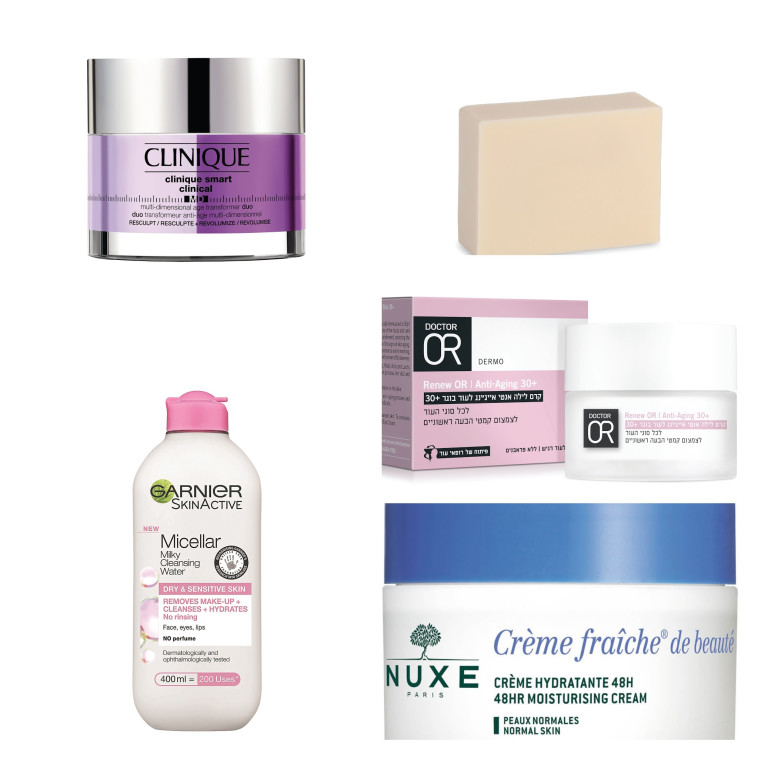 סבון מוצק חלב עיזים SABON 22 שקלים. קרם יום אנטי אייג'ינג דוקטור עור לטיפול בקמטי הבעה ראשוניים. 150 שקלים. קרם לחות NUXE עם חומצה לקטית 145 שקלים. קרם אנטי-אייג'ינג Clinique Smart MD 399 שקלים. חלב פנים מיסלר גרנייה 40 שקלים. צילומים: רונן מנגן, הדר טנדלר, יח\'\'צ חו\'\'ל