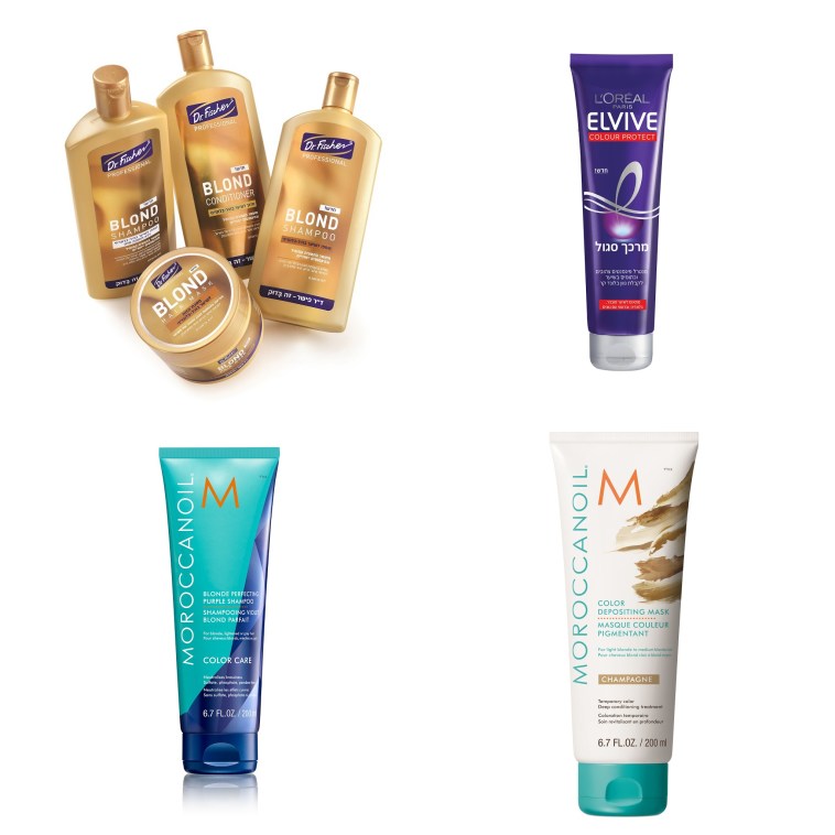 מרכך סגול אלביב לוריאל 21.90 שח. שמפו סילבר ומסכת הזנה מרוקנאויל עם פיגמנט צבע זמני 109 שח. ד''ר פישר בלונד פרופשיונל 29-39 שח.
