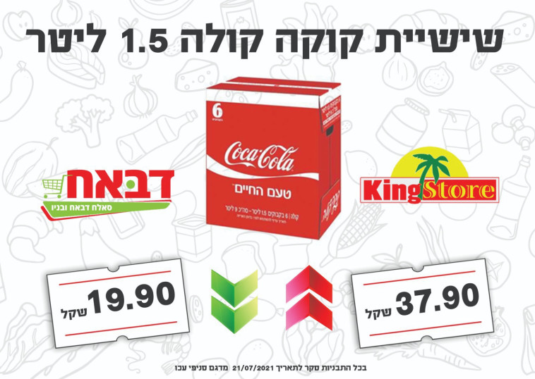 השוואת מחיר שישיית קוקה קולה ליטר וחצי בין רשת דבאח לרשת ''קינג סטור'' (צילום: ללא)