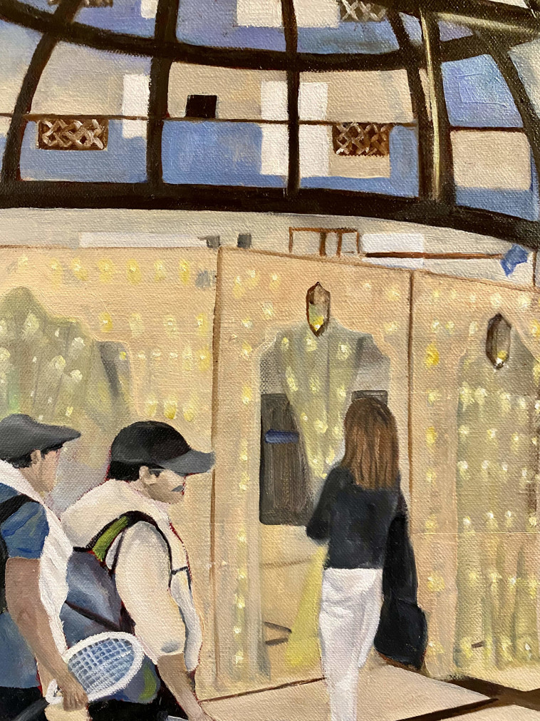 '&quot;השתמשתי כהשראה לציור בצילומי הסוכנים ממצלמות האבטחה במלון כשהלובי משמש לי קומפוזיציה לציור&quot;. &quot;27 סוכנים''. ציור: עפרי סלע