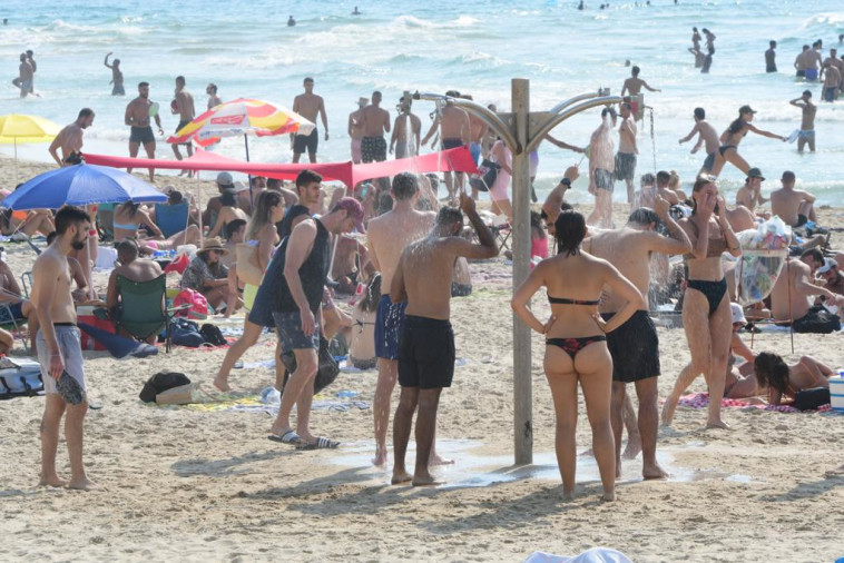מצטננים מהחום הכבד בחוף בוגרשוב בתל אביב (צילום: אבשלום ששוני)