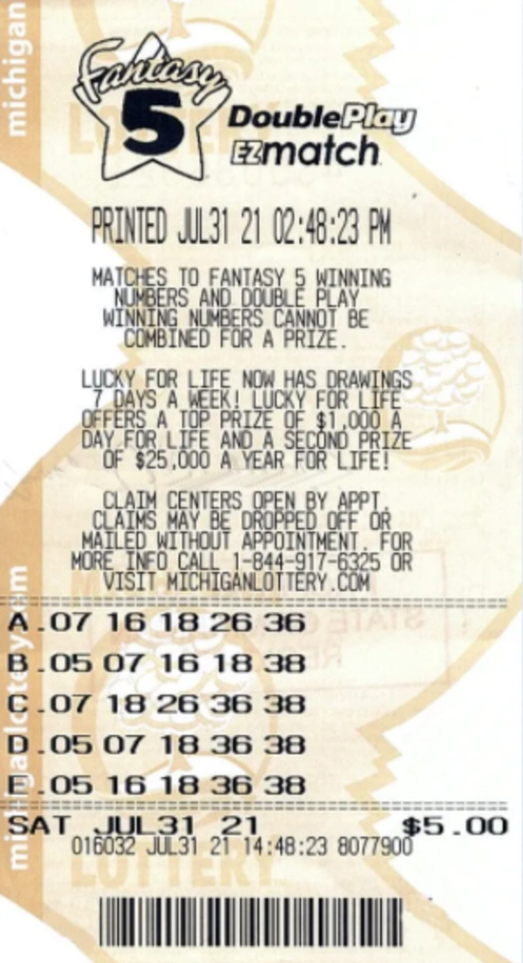 הכרטיס הזוכה בהגרלה (צילום: fantasy 5 jackpot from the michigan lottery)