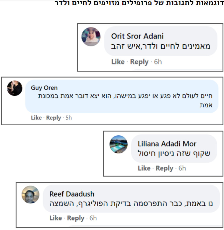 תגובות פרופוילים מזויפים לפוסטים על חיים ולדר