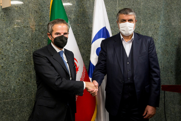 יו''ר הארגון לאנרגיה אטומית של איראן בפגישה עם יו''ר סבא''א בטהרן (צילום: Hadi Zand/ISNA/WANA (West Asia News Agency) via REUTERS/File Photo)