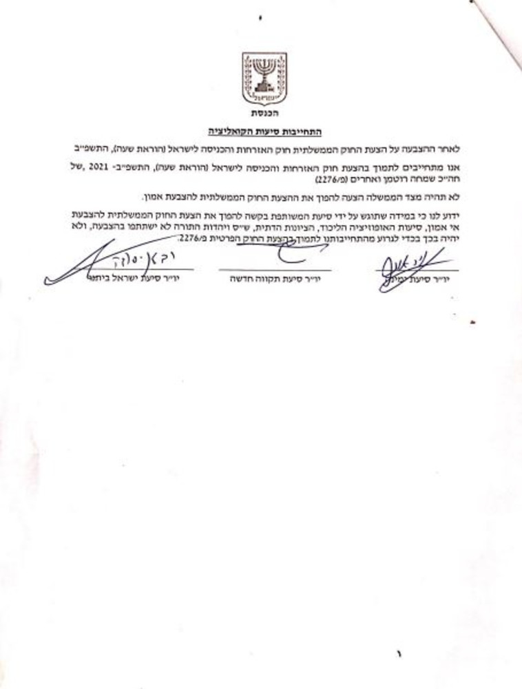 מסמך ההסכמות של הקואליציה והאופוזיציה (צילום: צילום מסך)