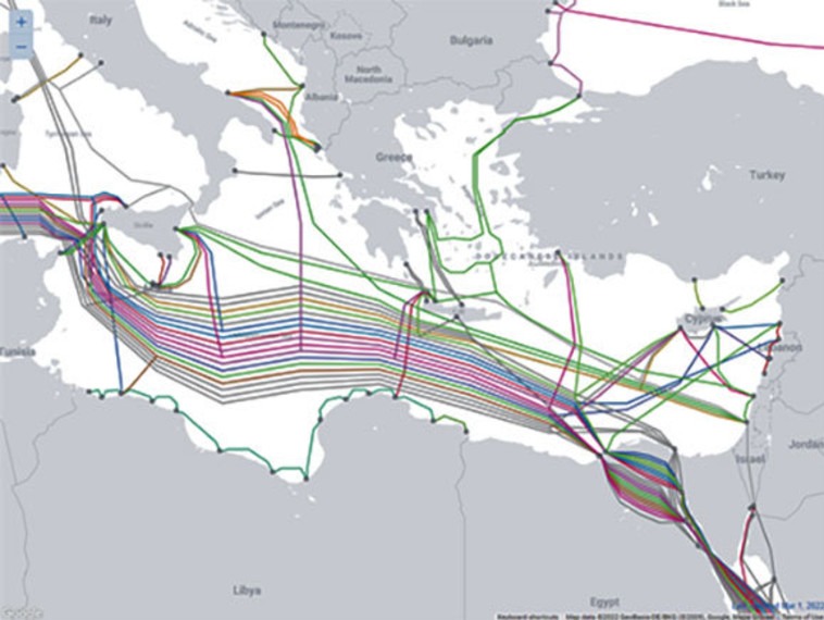 כל כבלי הסיבים האופטים במזרח הים התיכון ובמרכזו (צילום: submarinecablemap.com)