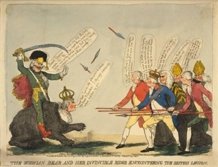 הגנרל פוטיומקין רוכב על הצארית יקטרינה בדמות דובה. אמצעי הלעגה נפוץ