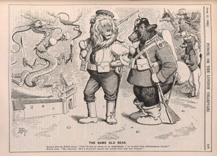 הדוב הרוסי משוחח עם האריה הבריטי, תחת עיניו של הדרקון הסיני וחיות אחרות