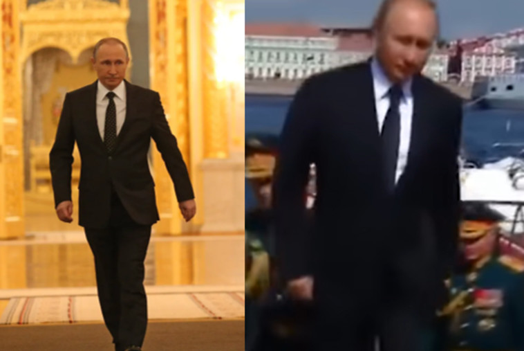 On the left (before) Putin keeps the tough walk, on the right (after) he walks hunched over and unstable (Photo: YouTube screenshot, Getty images)