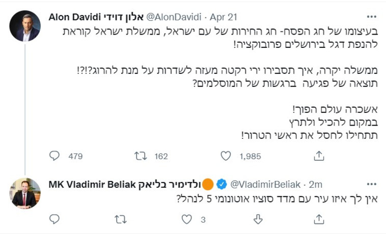 הציוץ של חבר הכנסת ולדימיר בליאק (צילום: צילום מסך טוויטר)