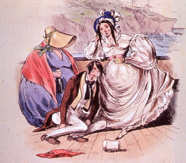 מחלת היבשה המתרחשת לאחר ירידה מכלי שיט אינה ידועה כמו אחותה מחלת הים (צילום: קריקטורה מ-1841 מאת GS Tregear, מוויקפדיה, נחלת הכלל)