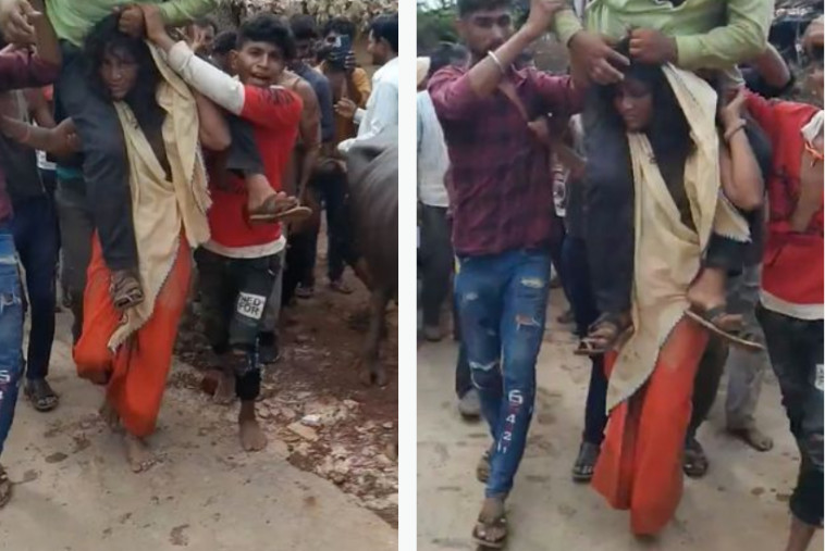 תמונות מטרידות: האישה צועדת ברחבי העיר כשבעלה יושב על כתפיה