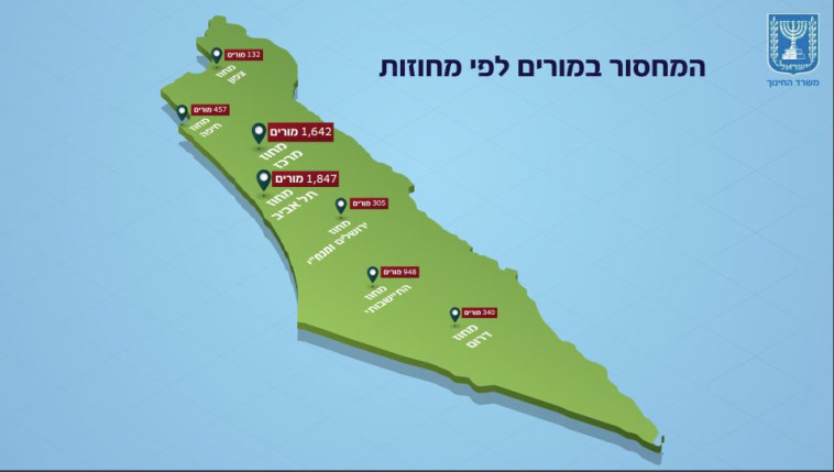 המחסור במורים על פי מחוזות (צילום: באדיבות משרד החינוך)