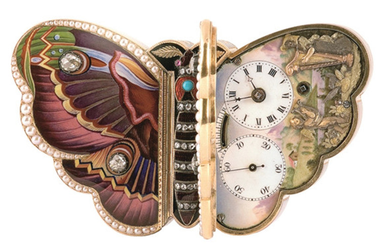 תיבת נגינה בצורת פרפר עם תמונה נעה ושעון. פיגה ומילאן ז'נווה 1820