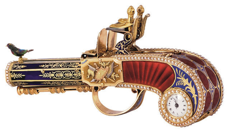 אקדח נוי שם שעון וציפור מזמרת. האחים רושה. שוויץ 