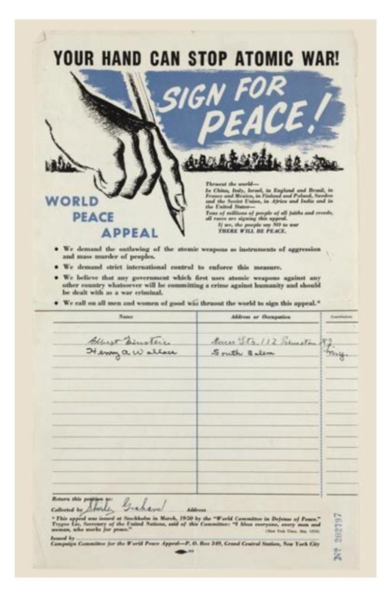 עצומת שלום מארה״ב עליה חתום אלברט איינשטיין