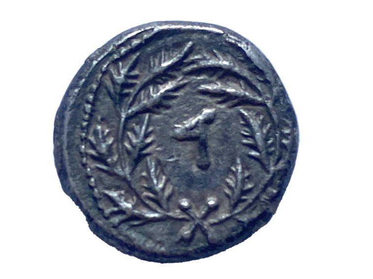 זר צמחי ובמרכזו האות ד. המציינת את השנה  הרביעית למרד, בה נטבע המטבע