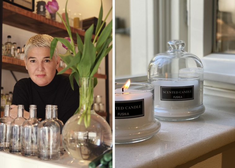 משמאל נרות של FUSHIA. מימין שרי שמי קרן, מייסדת המותג