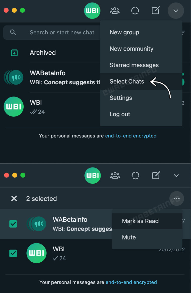 האפשרות לבחור כמה שיחות בוואטסאפ