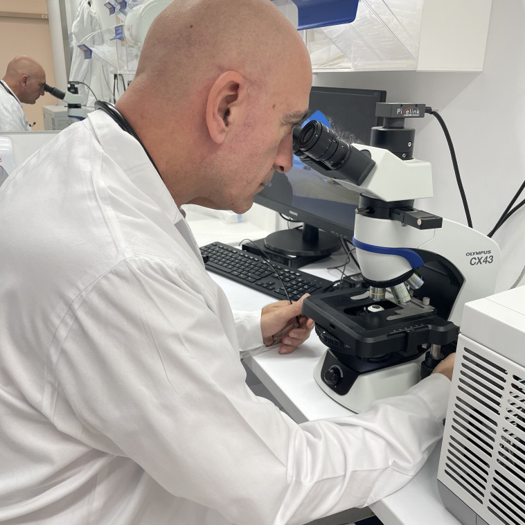 פרופ' עדי לייבה בוחן את המיקרוסקופ שלו בבית הלולים אסותא אשדוד.