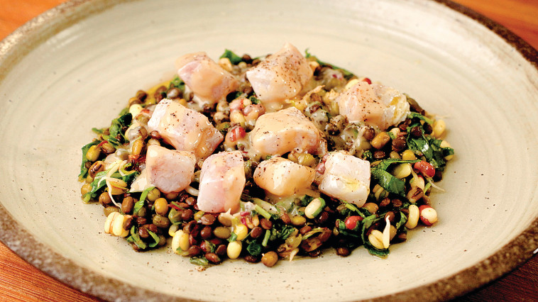 דג בתיבול ים תיכוני על מצע שעועית מש ועדשים שחורות&nbsp;