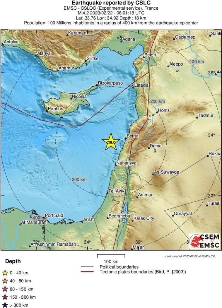 מוקד רעידת האדמה ליום 22.2.23