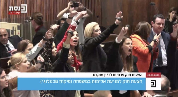 העימות במליאת הכנסת לאחר דחיית חוק האזיק האלקטרוני (צילום: צילום מסך)