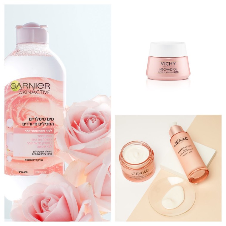 גרנייה מי מיסלר בניחוח ורדים, וישי נאובדיול רוז פלטיניום, ליראק פריז ארסקין סרום וקרמים ליום וללילה