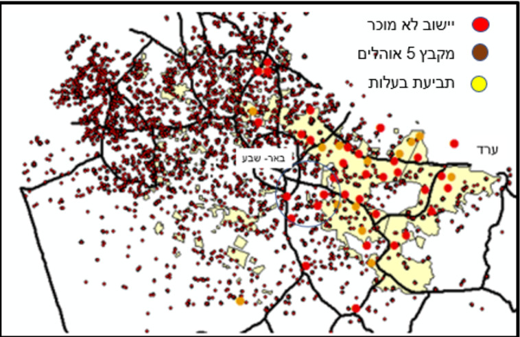 מפת האוהלים בנגב 1946 עם היישובים הבלתי מוכרים כיום