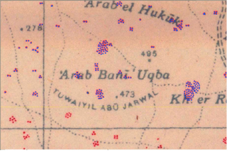 פריסת האוהלים ועיבודים באל-עראקיב, שבט אל-עוקבי (ערב בני-עוקבה), 1945