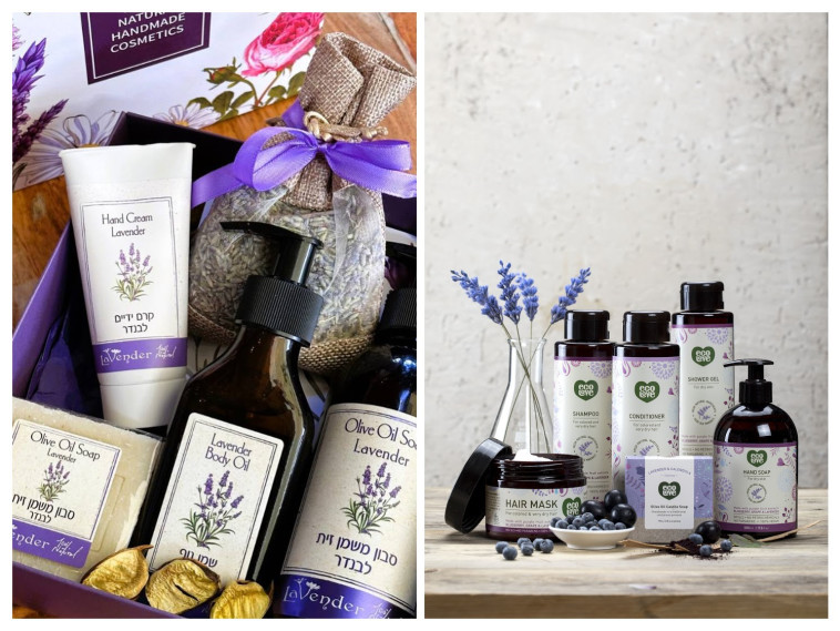 משמאל: ecoLove הקולקציה הסגולה. מימין: מארז מוצרי לבנדר קוסמטיקה טבעית