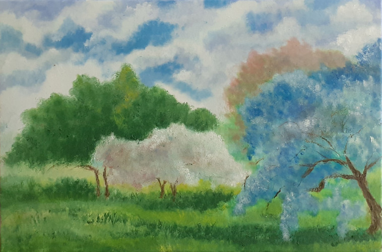 עצים בשדה, שמן על קנבס. ציור אליאס עאקלה (צילום: גלריית רמת אביב בקניון עופר)