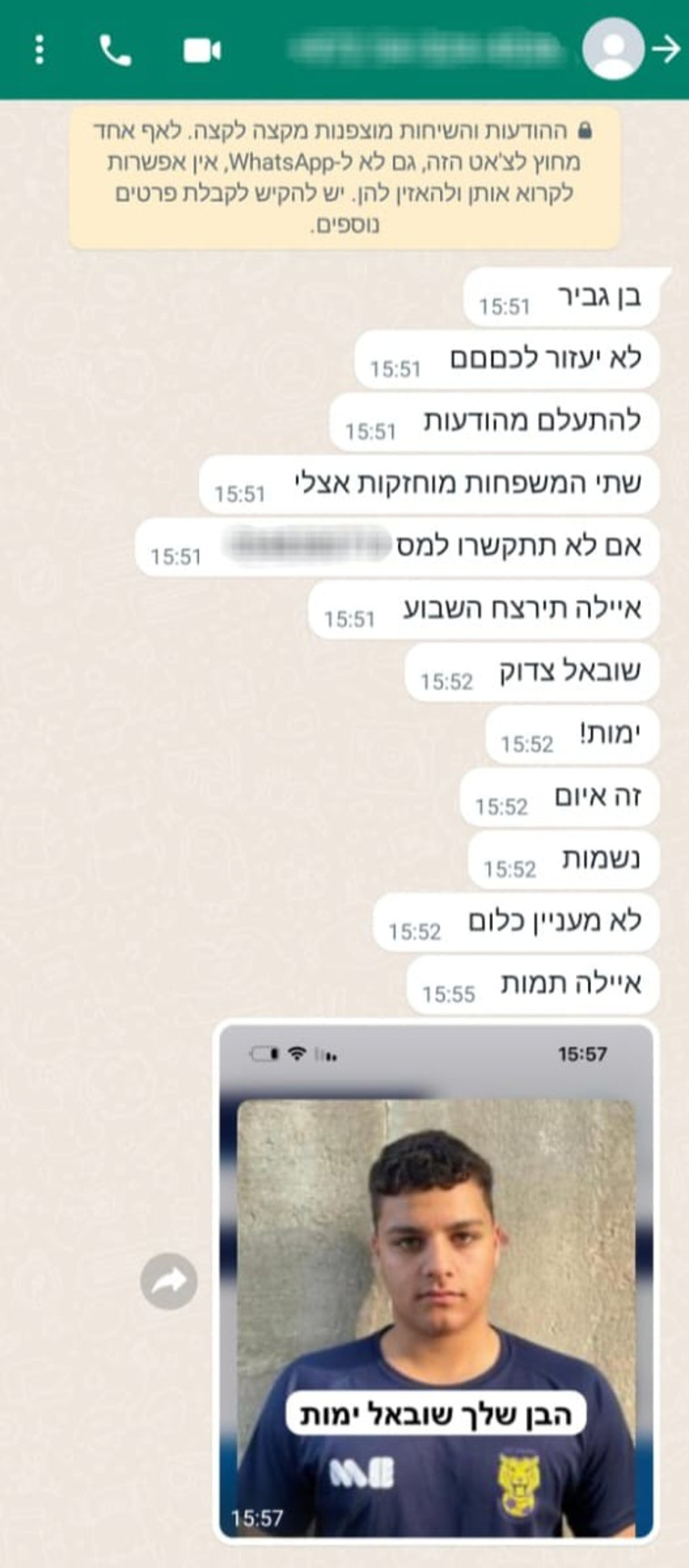 האיומים שנשלחו לטלפון של איתמר בן גביר (צילום: צילום מסך)