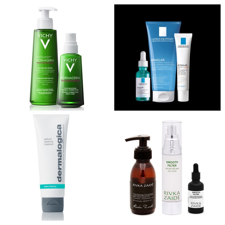 תכשירים לטיפול בעור שומני. מימין בכיוון השעון: לה רוש פוזה, רבקה זיידה, דרמלוג'יקה, וישי