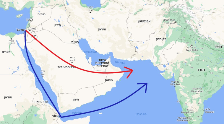 בכחול: המסלול הנוכחי של אל על למדינות אסיה. באדום: המסלול הקודם (צילום: צילום מסך גוגל מפות)